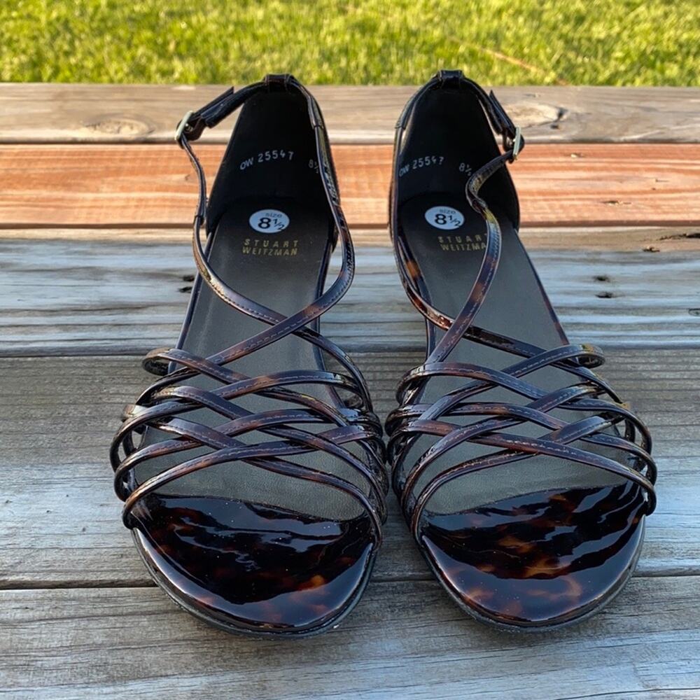 New Stuart Weitzman Brown Patent Leather Open Toe Strappy Wedge Sandals 8 1/2 M - Picture 5 of 11